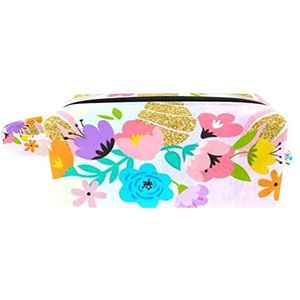 Kleine make-uptas voor dames, make-uptas, cosmetische reistas,kleurrijke bloem gestreepte eenhoorn Afdrukken