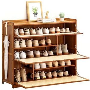 Rotan Schoenenkast, Houten Bamboe Vrijstaande Schoenenrek Organisator Kast Voor Entree, Met Opklapbare Deuren, Voor Sneakers, Leren Schoenen, Hoge Hakken, Slippers,100 * 33 * 85cm