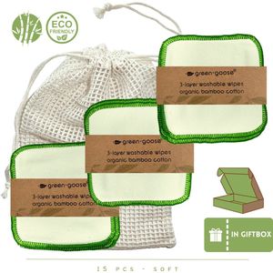 green-goose Herbruikbare Wattenschijfjes | 15 Stuks | Zacht | Met Waszakje | In Geschenkverpakking