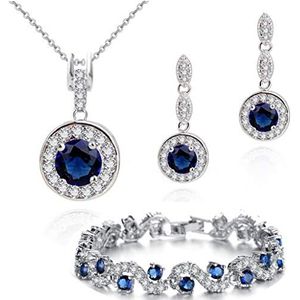 Crystalline Azuria Ronde Blauwe Gesimuleerde Saffier Zirkonia Kristallen Set Hanger Ketting 45 cm Oorbellen Armband 18 kt Witgoud Verguld