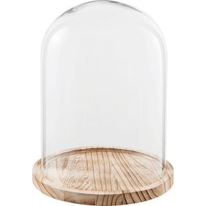 HAES DECO - Decoratieve glazen stolp met lichtbruin houten voet, diameter 23 cm en hoogte 29 cm - ST021711