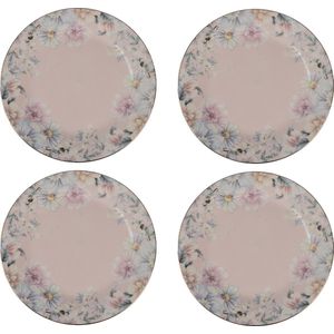 HAES DECO - Ontbijtborden set van 4 - Formaat Ø 18x2 cm - kleuren Roze - Bedrukt Porselein - Collectie: Flowers - Servies, kleine borden