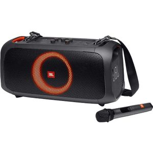 JBL PartyBox On-The-Go Essential draagbare luidspreker, verlichte avondluidspreker, Pro JBL Sound 6 uur batterijduur, gesynchroniseerd lichtspel en draadloze microfoon inbegrepen