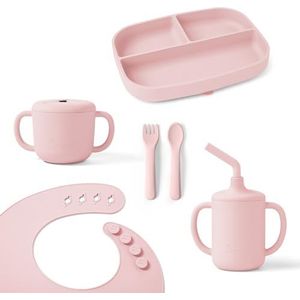 Ergobaby Kindervoedingset Deluxe voor baby's en peuters vanaf 6 maanden, babyservies met 2 bekers, dienblad, slabbetje en bestek, zonder BPA, PVC en ftalaten, Blush Pink