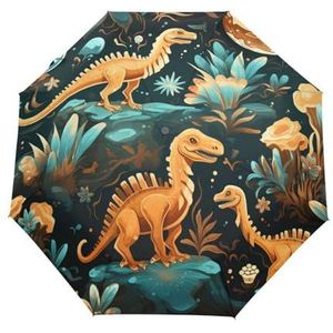 Roségouden cartoon dinosaurus paraplu opent automatisch zakparaplu winddichte paraplu kleine lichte paraplu compacte paraplu's voor jongens meisjes reizen strand vrouwen, Patroon., 88cm