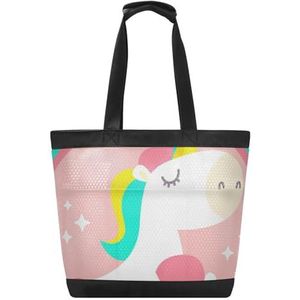 KAAVIYO Eenhoorn Roze Kunst Strandtas Reizen Tote Winkelen Boodschappen Schoudertassen Handtassen Voor Reizen Vrouwen Meisjes, Patroon, 14.4x7.5x15in