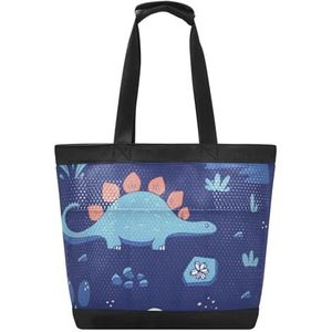 KAAVIYO Blauwe Dinosaurus Bloem Art Strandtas Reizen Tote Winkelen Boodschappen Schoudertassen Handtassen Voor Reizen Vrouwen Meisjes, Patroon, 14.4x7.5x15in