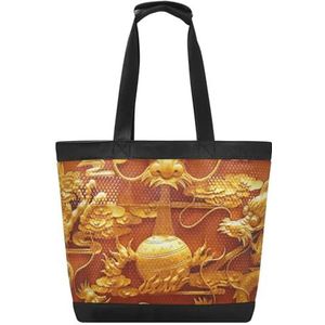 KAAVIYO Golden Dragon Art Strandtas Reizen Tote Winkelen Boodschappen Schoudertassen Handtassen Voor Reizen Vrouwen Meisjes, Patroon, 14.4x7.5x15in