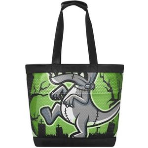 KAAVIYO Groene Cartoon Dinosaurus Strandtas Reizen Tote Winkelen Boodschappen Schoudertassen Handtassen Voor Reizen Vrouwen Meisjes, Patroon, 14.4x7.5x15in