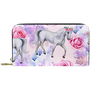 Klassieke Lange Lederen Portemonnee Wit Paard Eenhoorn Roze Rose Bloemen Clutch Reizen Portemonnee Card Pakket Mode Geld Tas voor Vrouwen Mannen, Meerkleurig, 19x11.5x2.5cm/7.5x4.5x1in, Klassiek