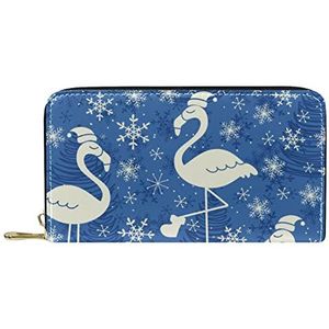 Klassieke Lange Lederen Portemonnee Flamingo Met Kerst Hoed Sneeuwvlokken Blauwe Clutch Reizen Portemonnee Card Pakket Mode Geld Tas voor Vrouwen Mannen, Meerkleurig, 19x11.5x2.5cm/7.5x4.5x1in,