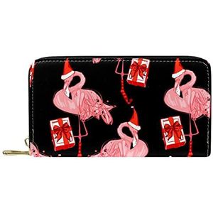 Klassieke Lange Lederen Portemonnee Leuke Roze Flamingo Met Kerst Hoed Clutch Reizen Portemonnee Card Pakket Mode Geld Tas voor Vrouwen Mannen, Meerkleurig, 19x11.5x2.5cm/7.5x4.5x1in, Klassiek