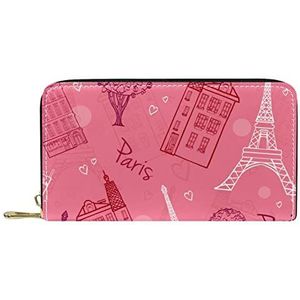 Klassieke Lange Lederen Portemonnee Roze Parijs Eiffeltoren Liefde Patroon Clutch Reizen Portemonnee Card Pakket Mode Geld Tas voor Vrouwen Mannen, Meerkleurig, 19x11.5x2.5cm/7.5x4.5x1in, Klassiek