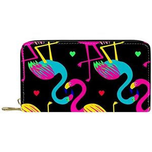 Klassieke Lange Lederen Portemonnee Flamingo Zwart Hart Clutch Reizen Portemonnee Card Pakket Mode Geld Tas voor Vrouwen Mannen, Meerkleurig, 19x11.5x2.5cm/7.5x4.5x1in, Klassiek