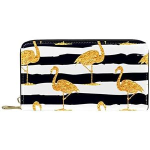 Klassieke Lange Lederen Portemonnee Goud Flamingo met Zwarte Streep Patroon Clutch Reizen Portemonnee Card Pakket Mode Geld Tas voor Vrouwen Mannen, Meerkleurig, 19x11.5x2.5cm/7.5x4.5x1in, Klassiek