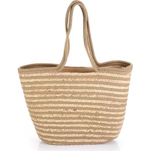 Ruime trendy strandtas / shopper, gestreept beige/ecru