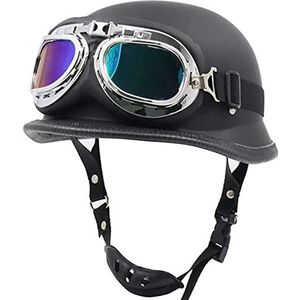 Motor Duitse Half Face Helm, ECE Goedgekeurde Cap Half Shell Helm+Goggles Retro Open-Face Helm Met Verstelbare Snelsluiting Voor Cruiser B, XL=61-62cm