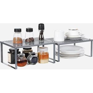 Keuken Organisator, Keuken Planken, Kast Opbergers, Stapelbaar, Uitbreidbaar, Set van 2 Metalen Keuken Planken, Zilver HMCS01SV