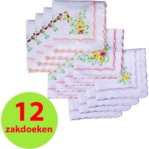 12 Dames Zakdoeken - 100% katoen - 30x30cm - Vogeltjes Met Gekleurde Randjes