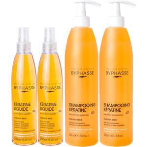 Byphasse Keratine Haarverzorging Mix Pakket - Haarserum 2 x 250ml + Shampoo2 x 520ml - Voor Droog Haar - Voordeelverpakking 4 Stuks