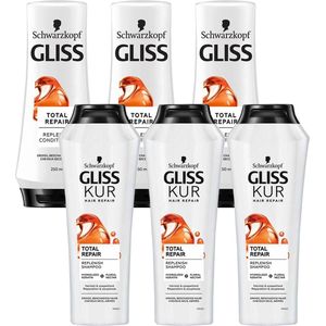 Schwarzkopf Gliss Kur Total Repair Mix Pakket - 3 x Shampoo 250ml - 3 x Conditioner 200ml - Voordeelverpakking