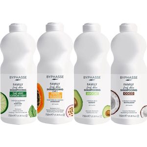 Byphasse Family Shampoo Mix Pakket 4 x 750ml - Groene Thee + Coconut + Papaya + Avocado - PH Neutraal - Voordeelverpakking