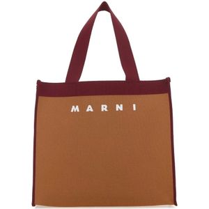 Marni, Twee-Tone Stof Medium Winkel Tas Bruin, Dames, Maat:ONE Size