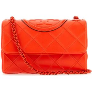 Tory Burch, Tassen, Dames, Rood, ONE Size, Leer, Koraalrode leren Fleming schoudertas