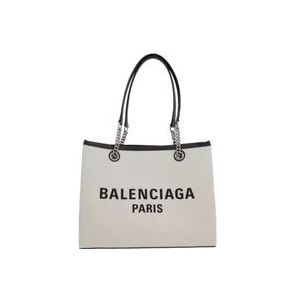 Balenciaga Canvas Tote Tas met Leren Afwerking en Logo Print , Beige , Dames , Maat: ONE Size