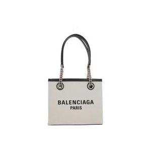 Balenciaga Canvas Tote Tas met Leren Afwerking en Logo Print , White , Dames , Maat: ONE Size