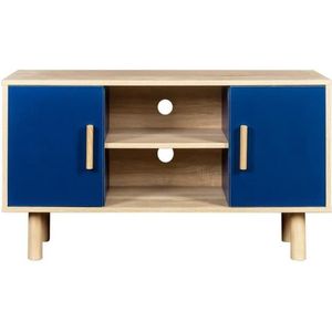Lila TV Cabinet - 2 deuren - Blauwe melamine -decor - Solid houten voeten - L90 x D35 x H55 cm
