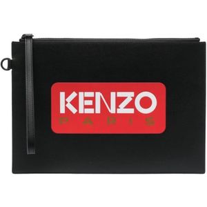 Kenzo, Zwarte Logo Leren Clutch Tas Zwart, Dames, Maat:ONE Size