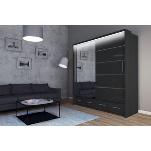 Kledingkast met schuifdeuren - Zwart glans - Kledingkast met spiegel - Planken - Kledingroede - laden - LED - 203 cm