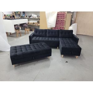 Hoekbank + poef - Hoekbank met slaapfunctie en opberger - Rechterkant - Fluwelen stof - Zwart - 220 x 150 cm
