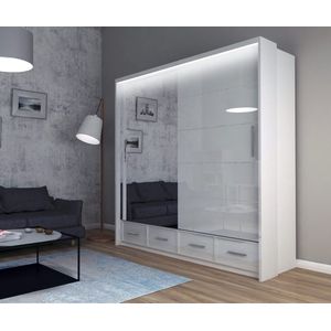 Kledingkast met schuifdeuren - Wit glans - Kledingkast met spiegel - Planken - Kledingroede - laden - LED - 203 cm