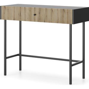 Bureau - Kaptafel voor cosmetica - Lade - Mat zwart + sierstrips - Metalen poten + handgrepen - Push to open systeem - 93 cm