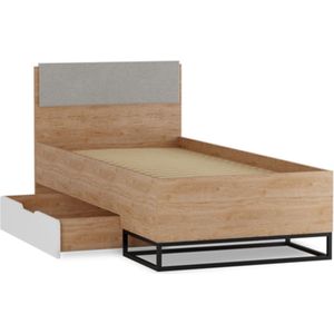 Bed met lade - Metalen poten - Houten frame - 90 x 200 - hickory + wit mat