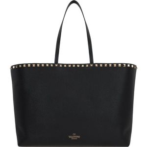 Valentino Garavani, Zwarte gehamerde leren tote tas met platin studs Zwart, Dames, Maat:ONE Size