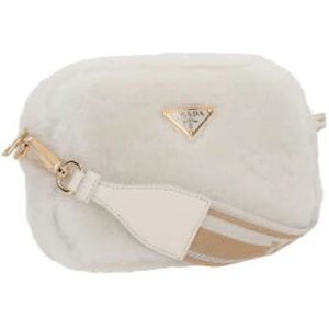 Prada, Witte Shearling Schoudertas met Emaille Driehoek Logo Wit, Dames, Maat:ONE Size