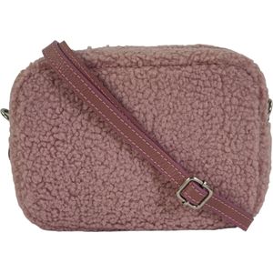 Qischa® Crossbody tas - zacht leder en teddy - rose/roze - zilveren ritssluiting