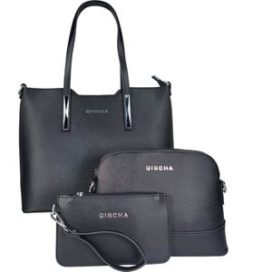 Qischa® 3 in 1 schoudertas en crossbody saffiano zwart. + BIJPASSEND SLEUTELTASJE