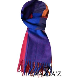 fuchsia blauwe geblokte sjaal- langwerpig -natuurlijke materialen- franjes