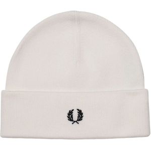Fred Perry, Witte Wol Logo Beanie Wit, Heren, Maat:ONE Size