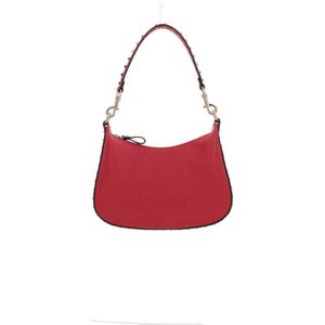 Valentino Garavani, Rode Gehamerde Leren Hobo Tas met Platina Studs Rood, Dames, Maat:ONE Size