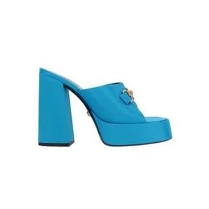 Versace, Schoenen, Dames, Blauw, 37 EU, Satijn, Blauwe Satijnen Platform Sandalen met Medusa Detail
