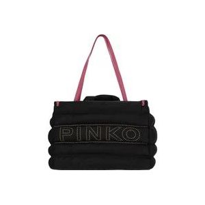 Pinko Gewatteerde nylon tote tas met logo detail , Black , Dames , Maat: ONE Size