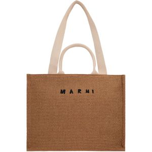 Marni, Natuurlijke Synthetische Tote Tas met Contrast Logo Borduurwerk Bruin, Heren, Maat:ONE Size