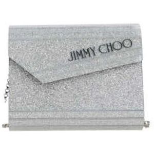 Jimmy Choo, Tassen, Dames, Grijs, ONE Size, Satijn, Glitter Zilveren Acryl Clutch met Ketting