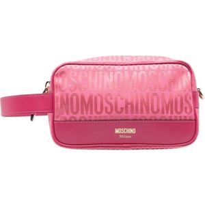 Moschino, Roze Jacquard Logo Pochette met Leren Afwerking Roze, Dames, Maat:ONE Size