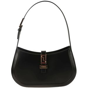 Versace, Zwarte Leren Hobo Tas Zwart, Dames, Maat:ONE Size